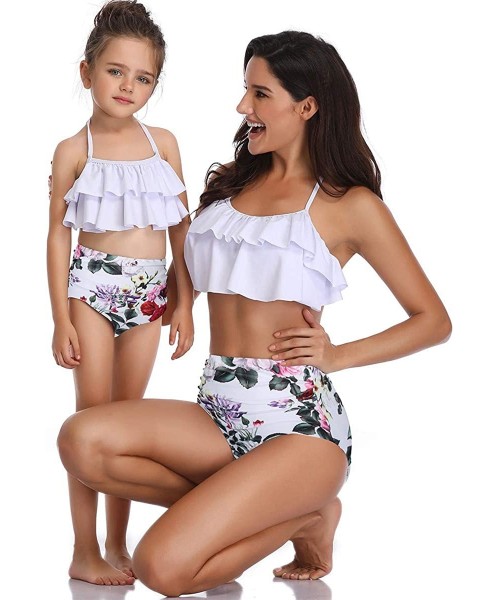 Racing Mommy and Me Swimsuits Ruffles High Waisted Family Matching Bikini Sets - White007 - CL18Q8OKIQ6