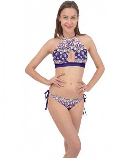 Racing Womens Bathing Suit Vintage Aztec Indigo Floral Cross Front Halter Bikini Set- XS-3XL - Indigo - CQ18TM9WG0D