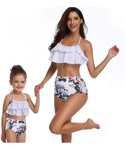 Racing Mommy and Me Swimsuits Ruffles High Waisted Family Matching Bikini Sets - White007 - CL18Q8OKIQ6