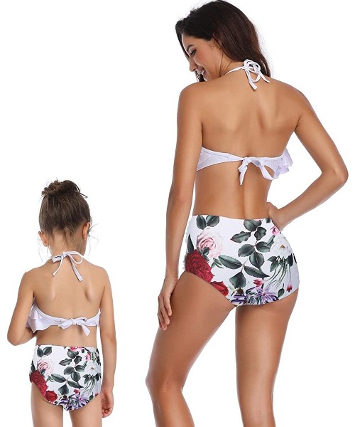 Racing Mommy and Me Swimsuits Ruffles High Waisted Family Matching Bikini Sets - White007 - CL18Q8OKIQ6