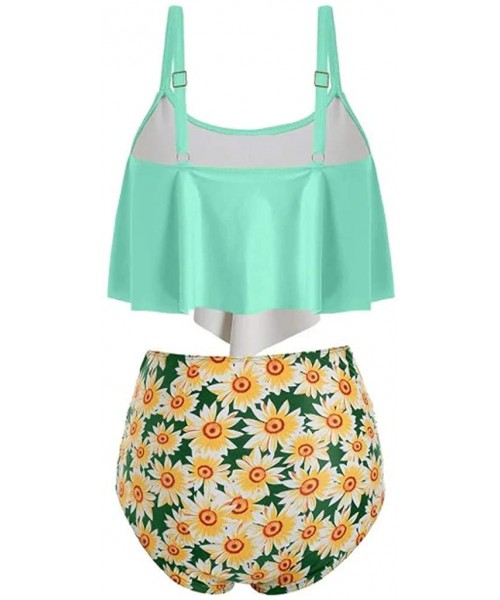 Sets Swimsuits for Women Sunflower Print Two Pieces Bathing Suits Ruffled Racerback Top with High Waisted Bottom B green - CT...