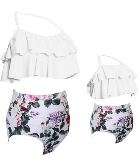 Racing Mommy and Me Swimsuits Ruffles High Waisted Family Matching Bikini Sets - White007 - CL18Q8OKIQ6