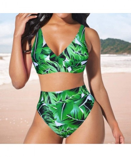 Sets Women High Waisted Bikini Set High Cut V Neck Push up Swim Tops Two Piece Bathing Suits - Green Leaves - CG190N7HI0Z