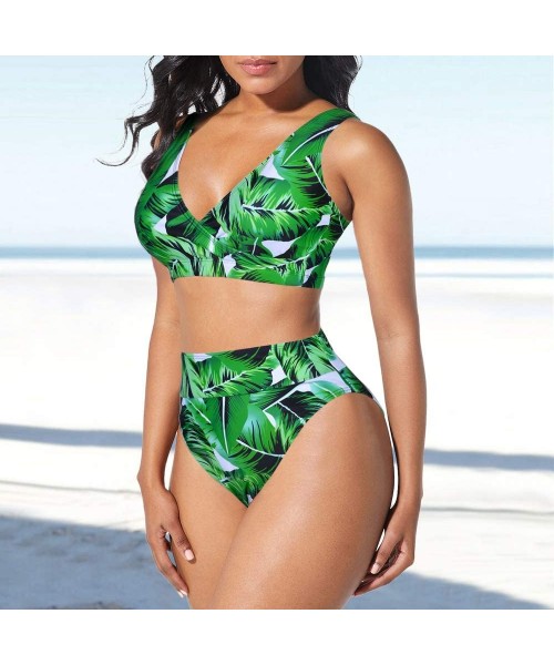 Sets Women High Waisted Bikini Set High Cut V Neck Push up Swim Tops Two Piece Bathing Suits - Green Leaves - CG190N7HI0Z