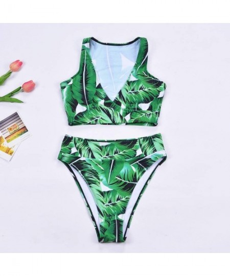 Sets Women High Waisted Bikini Set High Cut V Neck Push up Swim Tops Two Piece Bathing Suits - Green Leaves - CG190N7HI0Z