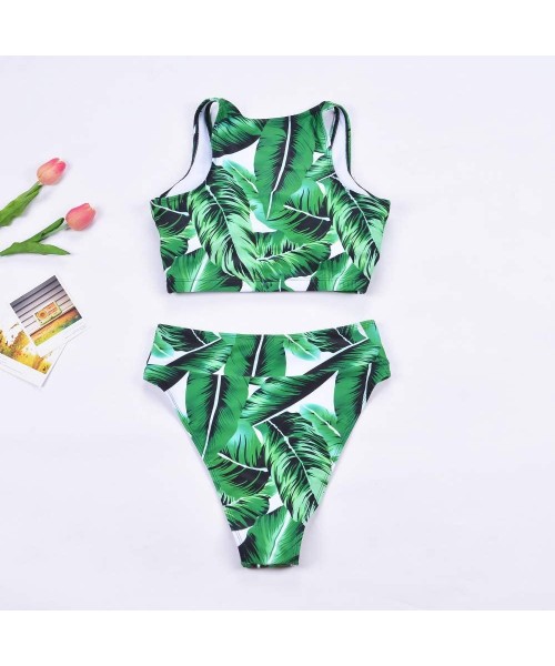 Sets Women High Waisted Bikini Set High Cut V Neck Push up Swim Tops Two Piece Bathing Suits - Green Leaves - CG190N7HI0Z