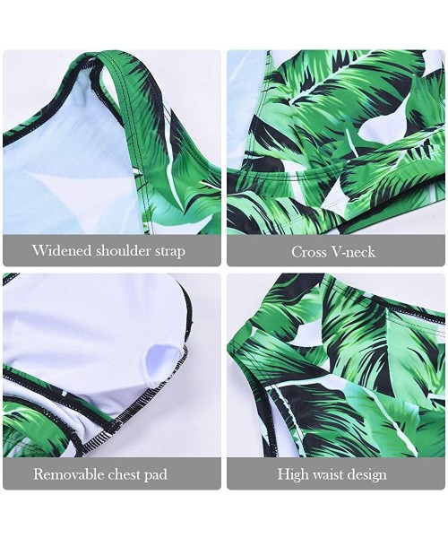 Sets Women High Waisted Bikini Set High Cut V Neck Push up Swim Tops Two Piece Bathing Suits - Green Leaves - CG190N7HI0Z