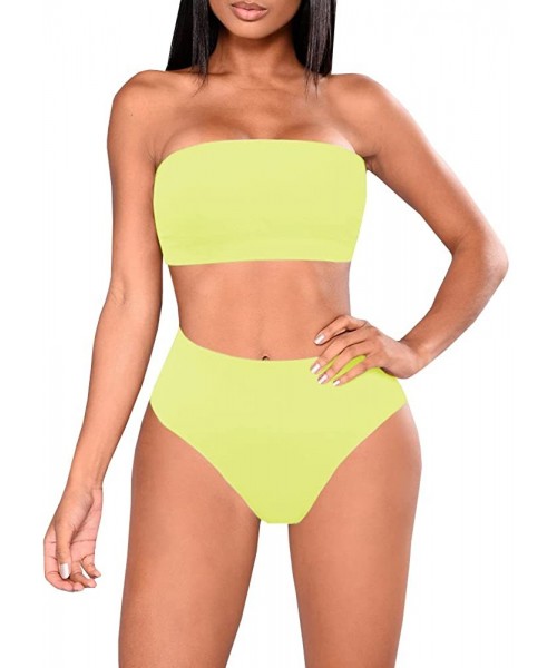 Sets Women's Bandeau Bikini Two-Piece Strapless Swimsuit Wrap Pad Cheeky High Waist Bathing Suit - Yellow - CS18RK0TYCZ