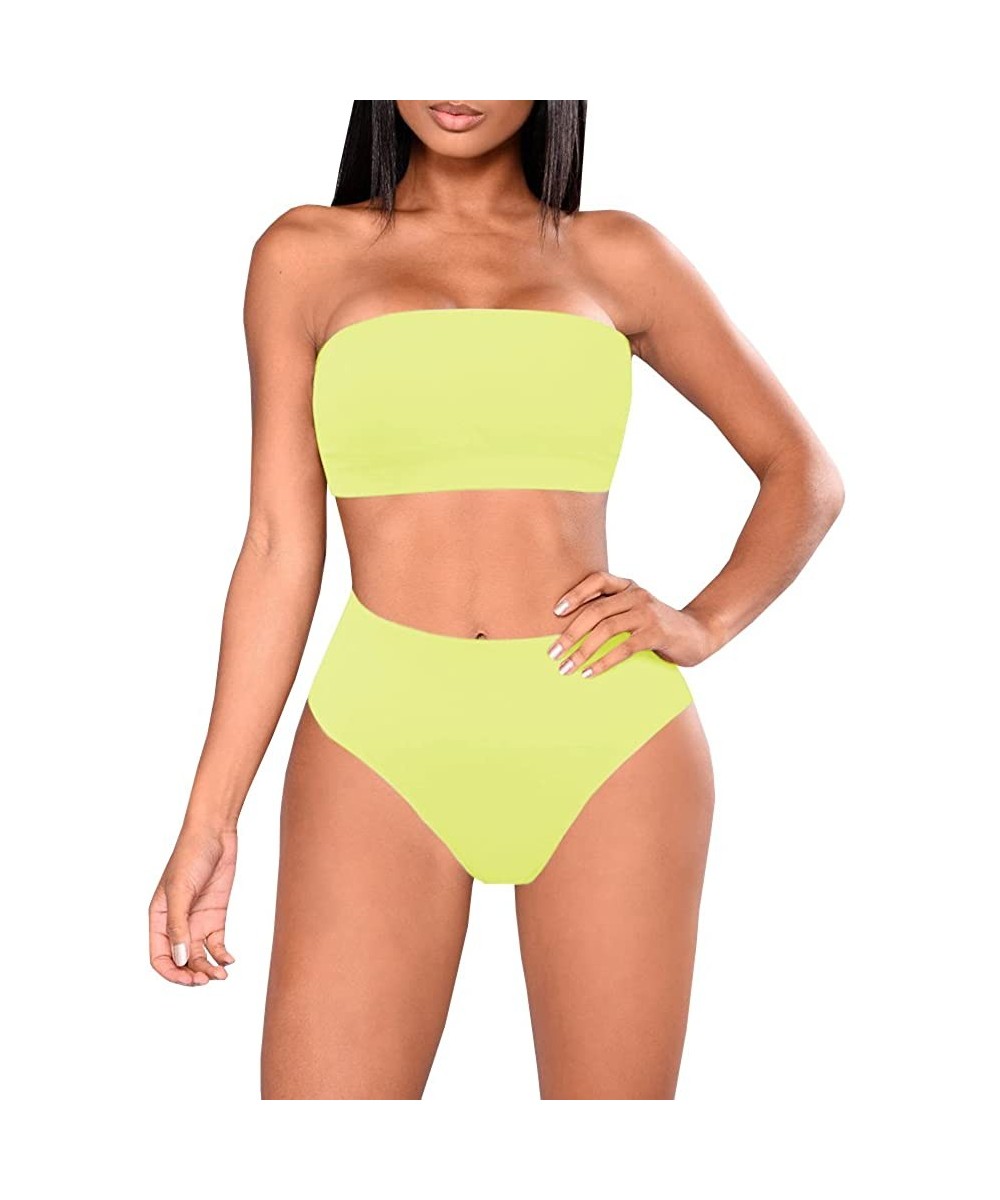 Sets Women's Bandeau Bikini Two-Piece Strapless Swimsuit Wrap Pad Cheeky High Waist Bathing Suit - Yellow - CS18RK0TYCZ