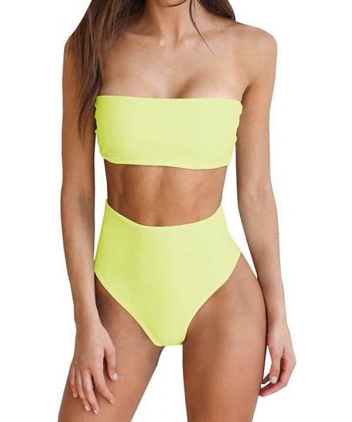 Sets Women's Bandeau Bikini Two-Piece Strapless Swimsuit Wrap Pad Cheeky High Waist Bathing Suit - Yellow - CS18RK0TYCZ