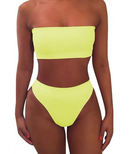 Sets Women's Bandeau Bikini Two-Piece Strapless Swimsuit Wrap Pad Cheeky High Waist Bathing Suit - Yellow - CS18RK0TYCZ