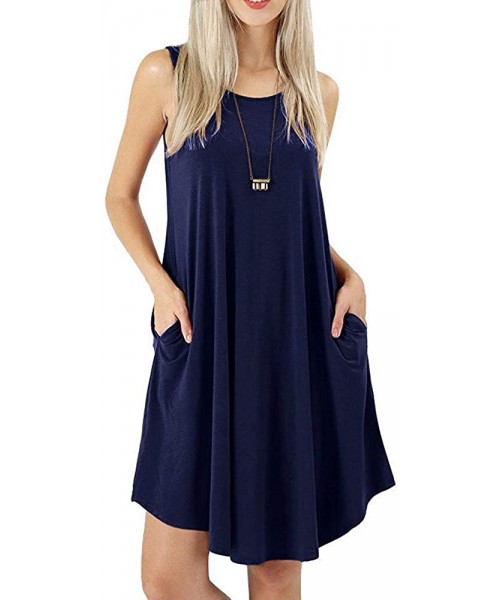 Racing Women's Sleeveless Loose Plain Dresses Casual Short Dress with Pockets - Navy - CE18TI569AW