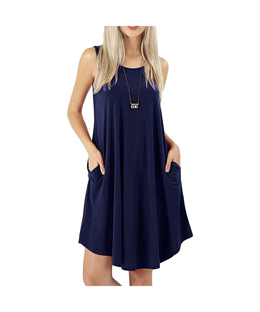 Racing Women's Sleeveless Loose Plain Dresses Casual Short Dress with Pockets - Navy - CE18TI569AW