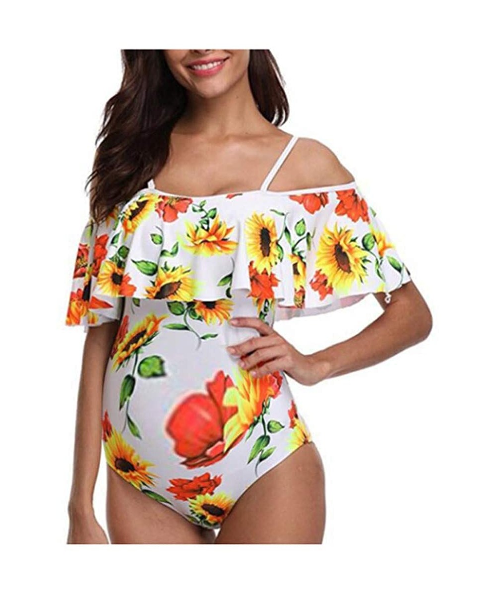 One-Pieces Women's Maternity Swimsuit Sunflower One Piece Bathing Suits Off Shoulder Ruffle Flounce Swimwear - White - C51948...