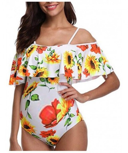 One-Pieces Women's Maternity Swimsuit Sunflower One Piece Bathing Suits Off Shoulder Ruffle Flounce Swimwear - White - C51948...