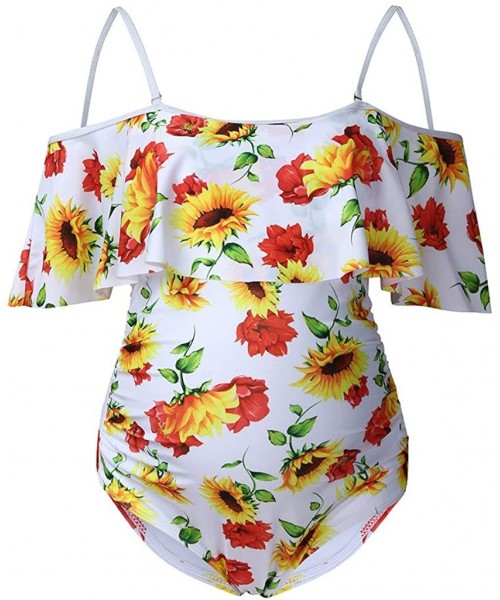 One-Pieces Women's Maternity Swimsuit Sunflower One Piece Bathing Suits Off Shoulder Ruffle Flounce Swimwear - White - C51948...