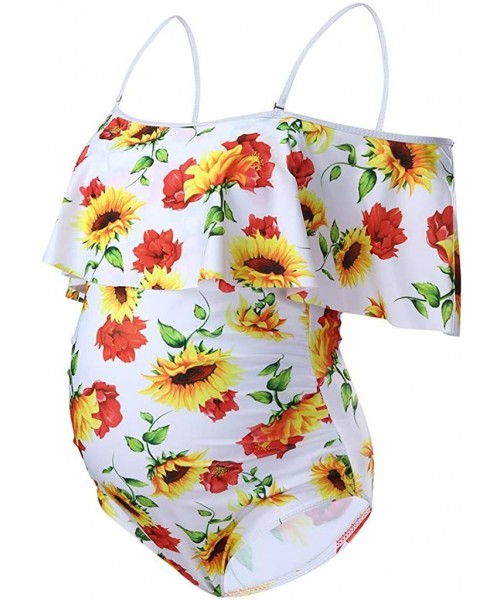 One-Pieces Women's Maternity Swimsuit Sunflower One Piece Bathing Suits Off Shoulder Ruffle Flounce Swimwear - White - C51948...