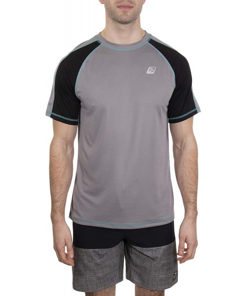 Rash Guards Men's UPF 50+ Lifeguard Loose-fit Rashguard - Grey/Black/Aqua - C418OMIMR8K