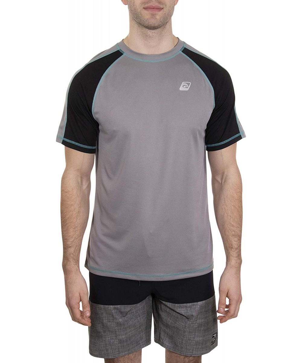 Rash Guards Men's UPF 50+ Lifeguard Loose-fit Rashguard - Grey/Black/Aqua - C418OMIMR8K