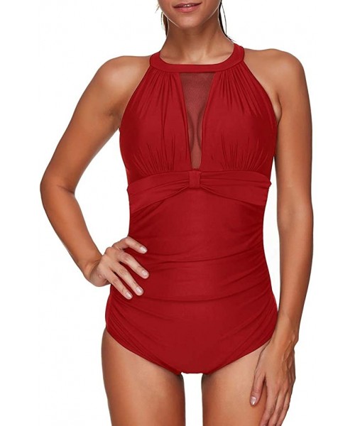 One-Pieces Women One Piece High Neck V-Neckline Mesh Ruched Monokini Swimwear Tummy Control Bathing Suit - Red - CA18S6RTM0Y