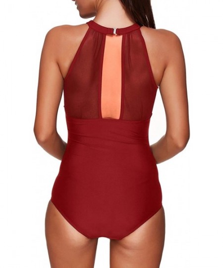 One-Pieces Women One Piece High Neck V-Neckline Mesh Ruched Monokini Swimwear Tummy Control Bathing Suit - Red - CA18S6RTM0Y