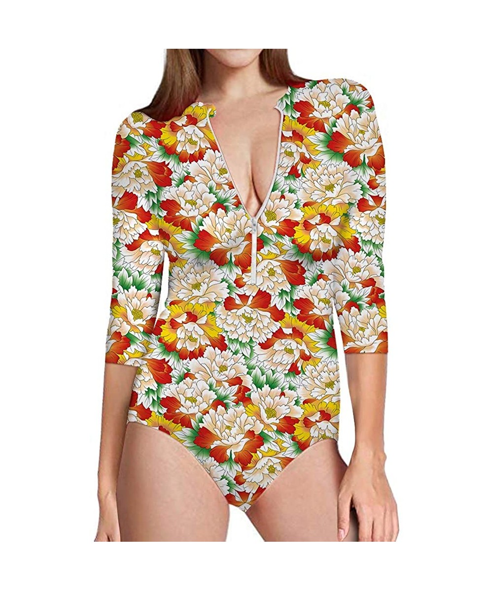 Rash Guards Women Allover Printed One Piece Swimsuit Front Zip Rash Guard 3/4 Short Sleeve Sun Protection - Floral 4 - CM18QW...