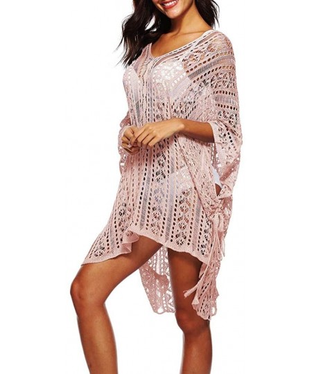 Cover-Ups Women's Bathing Suit Cover Up Crochet Lace Bikini Swimsuit Dress (9 Colors) by Lowprofile - Pink - C718NDE4D75