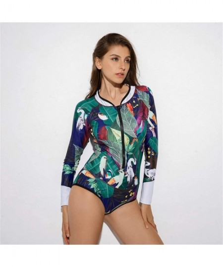 One-Pieces Women Floral Long Sleeve Zip UV Protection One Piece Rash Guard Swimsuit Sun Protection Surfing Swimwear Bathing S...