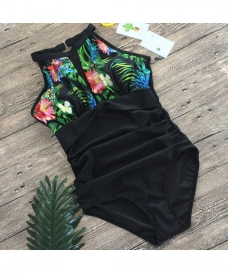 Sets Women's Floral Printing Swimsuit High Neck Mesh Monokini One-Piece Beach Swimwear Bathing Suit - Green - CW196X2RY28