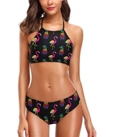 Sets Womens Cute Animal Pattern Summer Hot 2 Pcs High Waist Halter Swimsuit Bikini Set - Flamingo Pineapples - CD18H4YUO3L