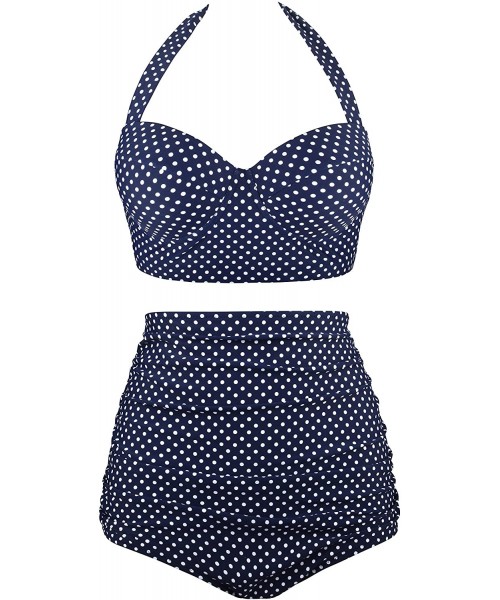 Sets Women Vintage Two Piece Swimsuits High Waisted Bathing Suits with Underwired Top - Halter Navy Polka Dot - C71966YK2DT