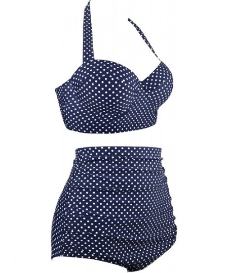 Sets Women Vintage Two Piece Swimsuits High Waisted Bathing Suits with Underwired Top - Halter Navy Polka Dot - C71966YK2DT