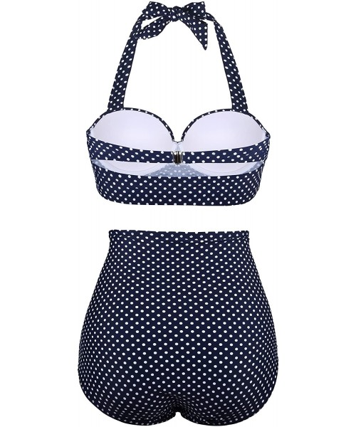 Sets Women Vintage Two Piece Swimsuits High Waisted Bathing Suits with Underwired Top - Halter Navy Polka Dot - C71966YK2DT