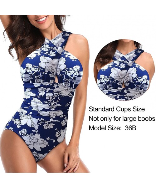 One-Pieces Women's Swimsuits One Piece Tummy Control Front Cross Backless Swimsuit Bathing Suit - Blue Floral - CO18E660MOL