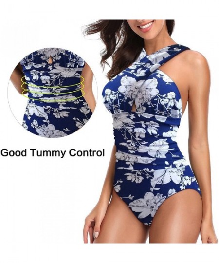 One-Pieces Women's Swimsuits One Piece Tummy Control Front Cross Backless Swimsuit Bathing Suit - Blue Floral - CO18E660MOL