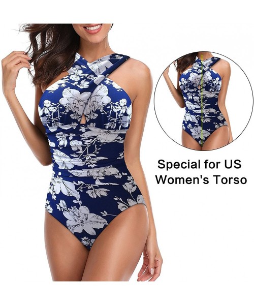 One-Pieces Women's Swimsuits One Piece Tummy Control Front Cross Backless Swimsuit Bathing Suit - Blue Floral - CO18E660MOL