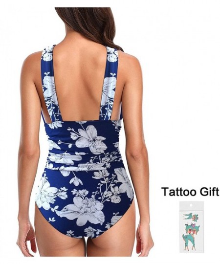 One-Pieces Women's Swimsuits One Piece Tummy Control Front Cross Backless Swimsuit Bathing Suit - Blue Floral - CO18E660MOL