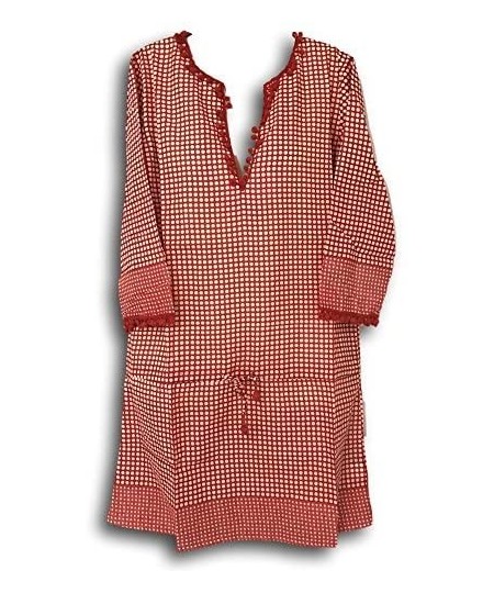 Cover-Ups Womens Cotton Beach Swim Pool Cover-Up Dress Long Sleeve Red Orange (Large) - CY183IRMCWE