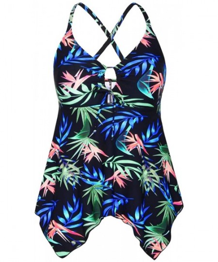 Tops Women's Front Tie Swim Top Cross Back Tankini Top Flowy Swimdress Tummy Control - Blue Leaves - CL18GDNE73M