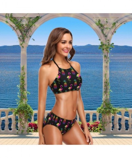 Sets Womens Cute Animal Pattern Summer Hot 2 Pcs High Waist Halter Swimsuit Bikini Set - Flamingo Pineapples - CD18H4YUO3L