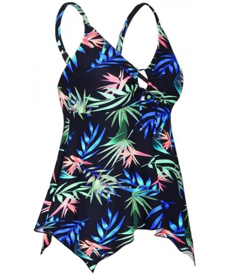 Tops Women's Front Tie Swim Top Cross Back Tankini Top Flowy Swimdress Tummy Control - Blue Leaves - CL18GDNE73M