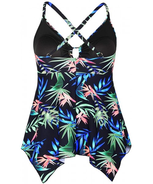 Tops Women's Front Tie Swim Top Cross Back Tankini Top Flowy Swimdress Tummy Control - Blue Leaves - CL18GDNE73M