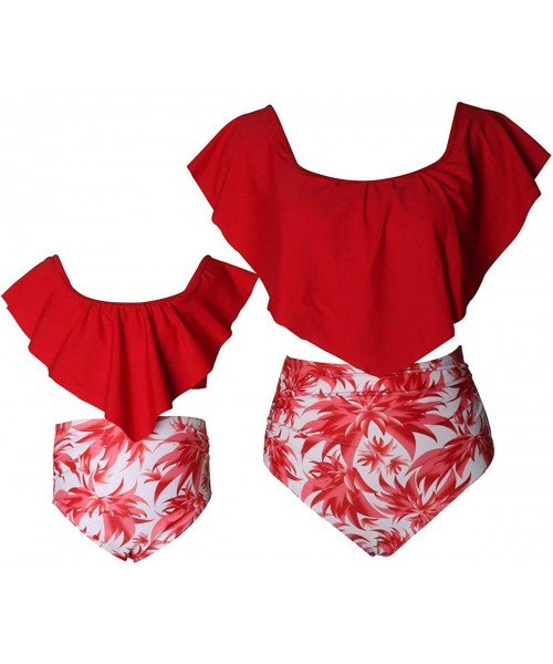 Sets Girls Bikini Swimsuits Mother Girl Matching Flounce Strappy Swimwear - Red/ Floral - CN19C5UXEAM