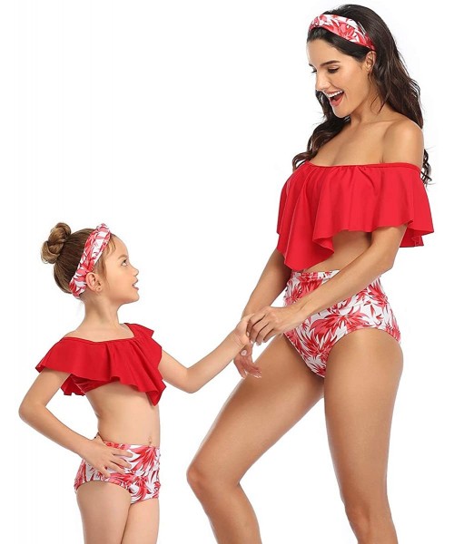 Sets Girls Bikini Swimsuits Mother Girl Matching Flounce Strappy Swimwear - Red/ Floral - CN19C5UXEAM