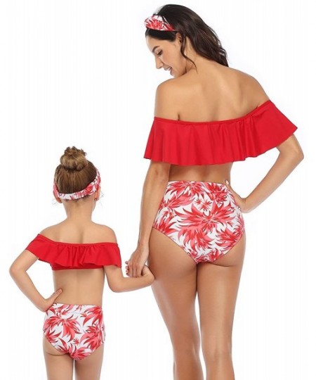 Sets Girls Bikini Swimsuits Mother Girl Matching Flounce Strappy Swimwear - Red/ Floral - CN19C5UXEAM