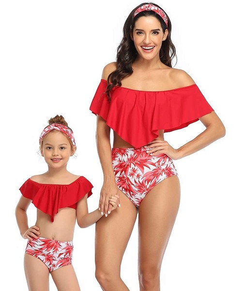 Sets Girls Bikini Swimsuits Mother Girl Matching Flounce Strappy Swimwear - Red/ Floral - CN19C5UXEAM