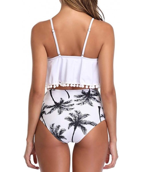 Sets Women's Strappy Swimsuit Floral Printed Bikini Tassel Two Piece High Waist Beach Swimwear Bathing Set - White - CB196MES3E0