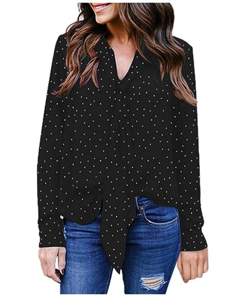 Rash Guards Womens Solid Long Sleeve V-Neck Fancy Tie Chiffon Office Shirt Elegant Tops - Polka-dot-black - CY1949W6R9K