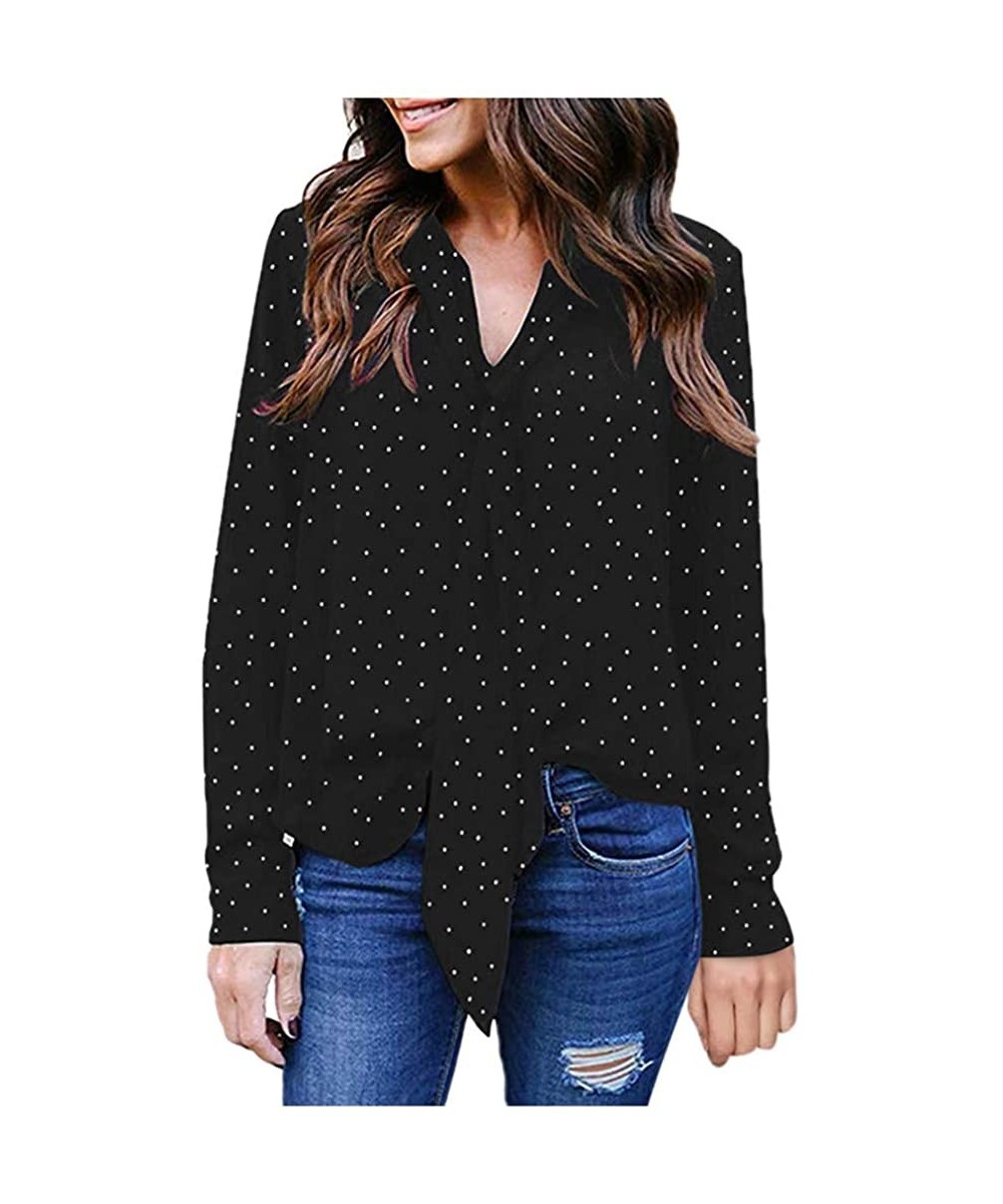 Rash Guards Womens Solid Long Sleeve V-Neck Fancy Tie Chiffon Office Shirt Elegant Tops - Polka-dot-black - CY1949W6R9K