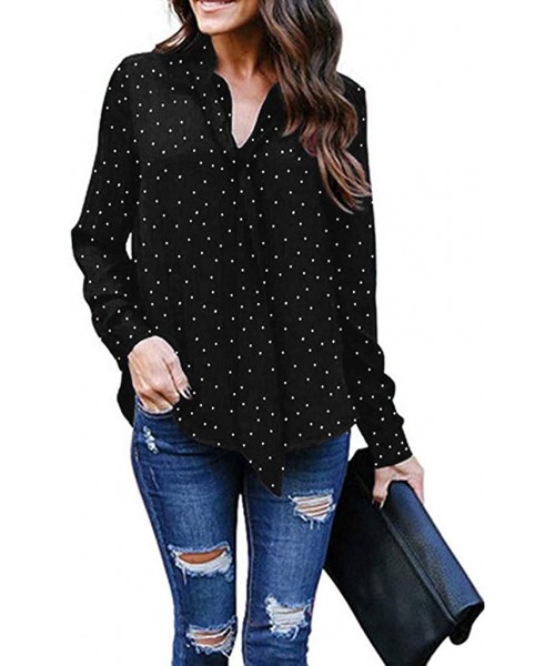 Rash Guards Womens Solid Long Sleeve V-Neck Fancy Tie Chiffon Office Shirt Elegant Tops - Polka-dot-black - CY1949W6R9K